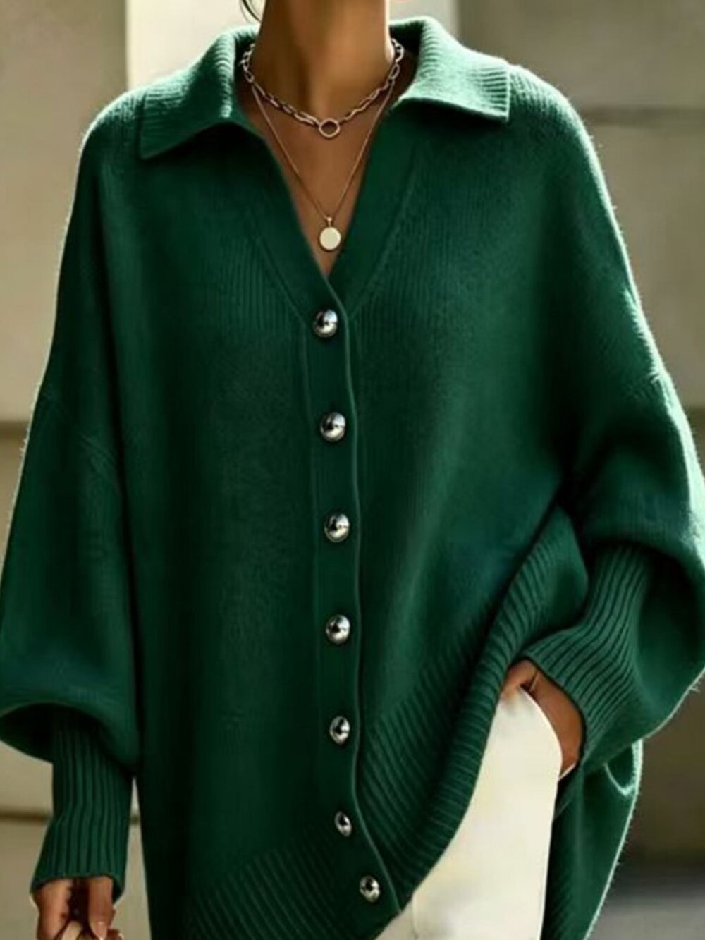 Dark Green Casual Women's Button Front Ribbed Cuff Knit Cardigan